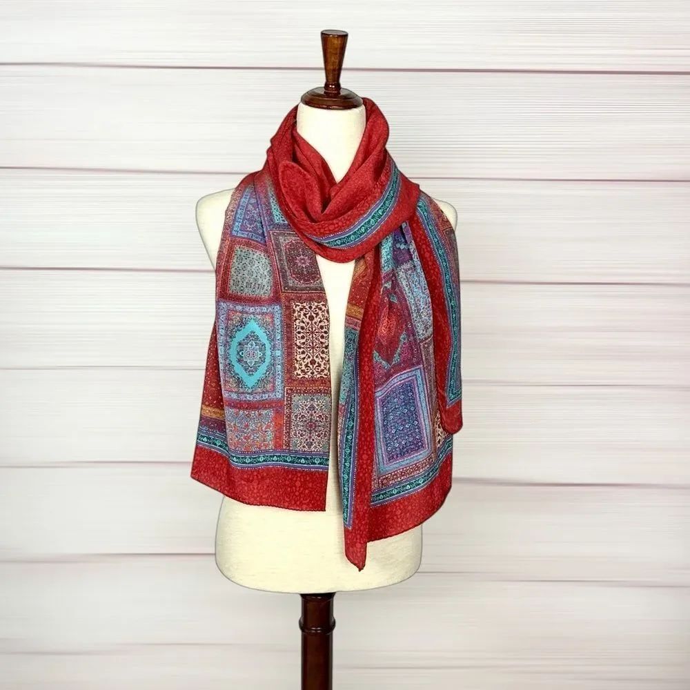 Christina Large Silk Oblong Scarf Wrap Red Oriental Carpet Mosaic Print 19,5x70"
